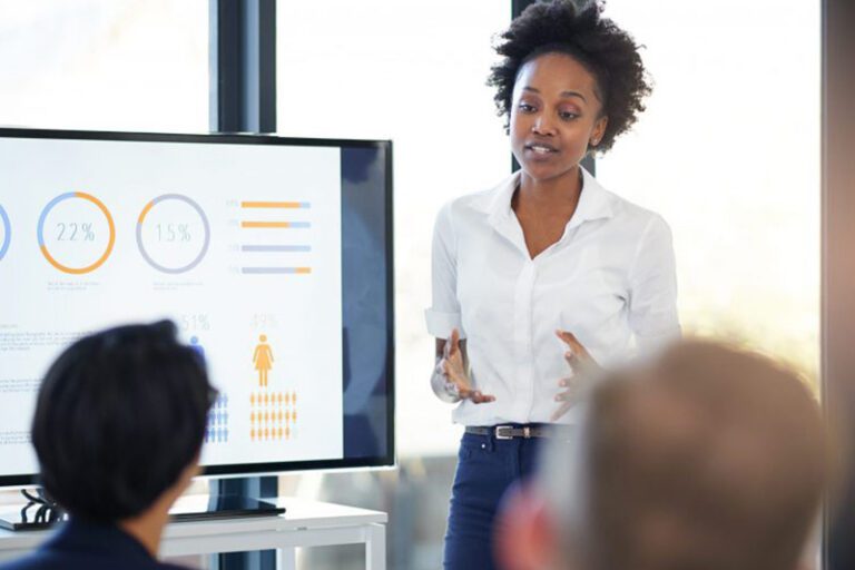 young black woman giving a presentation to board members