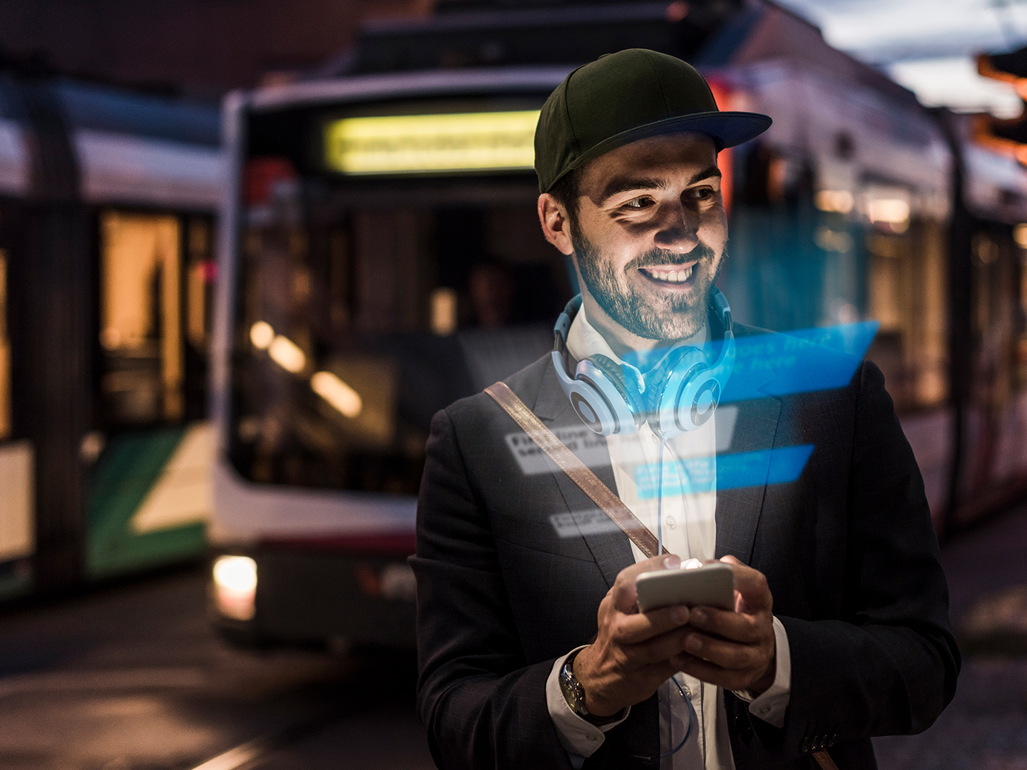 man with phone and screen is shining with connectivity