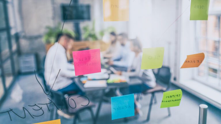 workshop in office with sticky notes