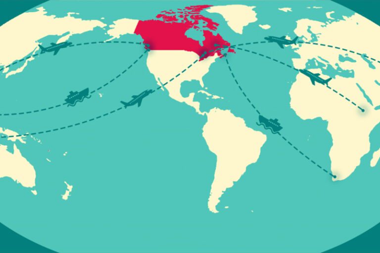 world map with different airplane routes from Canada