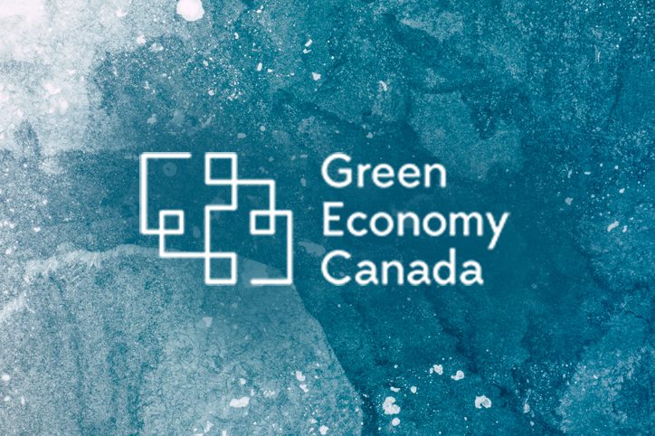 Logo of Green Economy Canada over an aerial view of frozen lake.