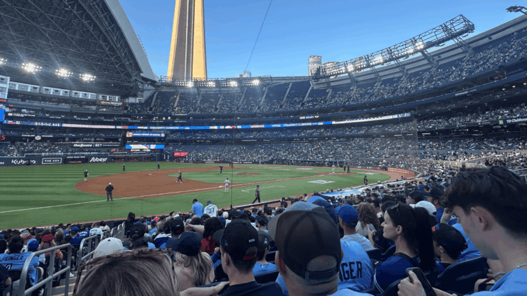 View from the lower ball section of the Rogers Centre during a Blue Jays Baseball game.