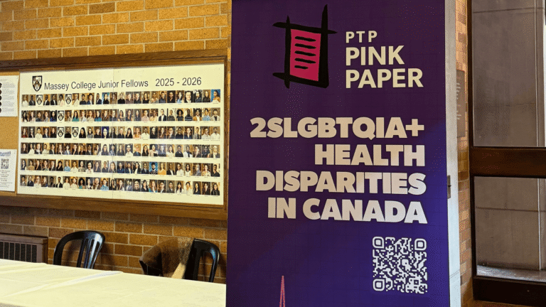 Purple banner promoting Pink Triangle Press Pink Paper on 2SLGBTQIA+ Health Disparities in Canada