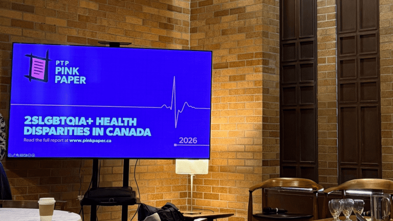 Image of the first slide of the Pink Triangle Press Pink Paper launch event