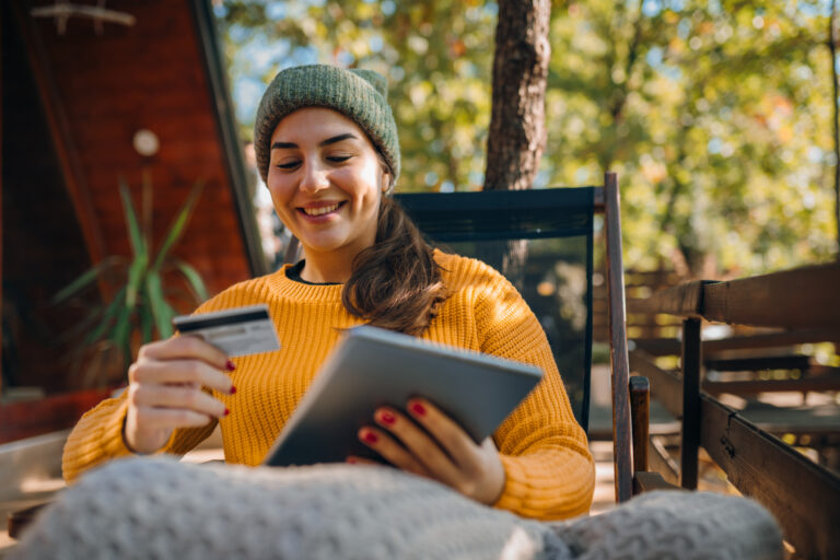 Woman banking in autumn