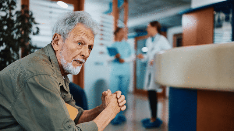 Distraught senior patient waiting for medical examination at doctor's office.
