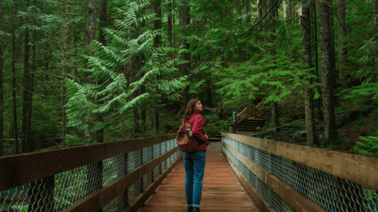 Woman hiking in woods Canada